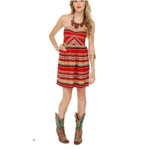 ROXY Strapless Mini Dress Large Multi Stripe Coastal Cowgirl Boho Summer